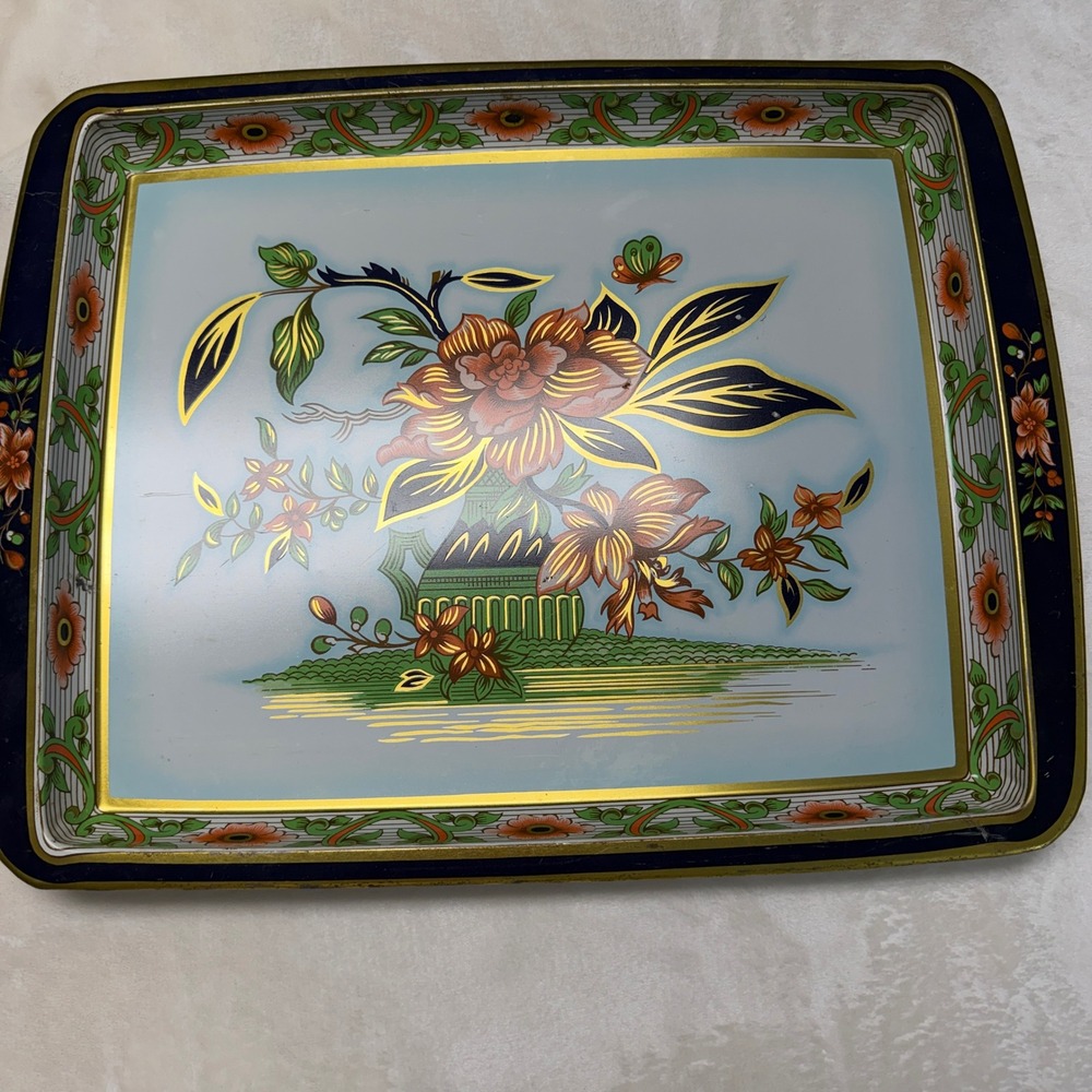 Daher Decorated Ware Vintage Floral Metal Serving Tray Made in England Navy Gold